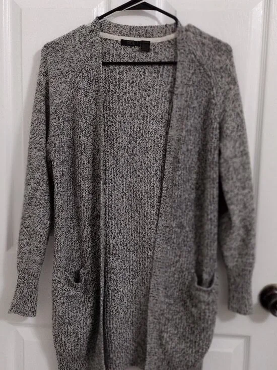 RDI Marled Knit Open Cardigan Size M Gray Elbow Patch Cozy Layering Sweater - Picture 4 of 13
